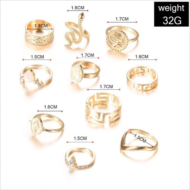 10-piece women's wedding ring snake ring punk Buddha statue natural stone bohemian ring