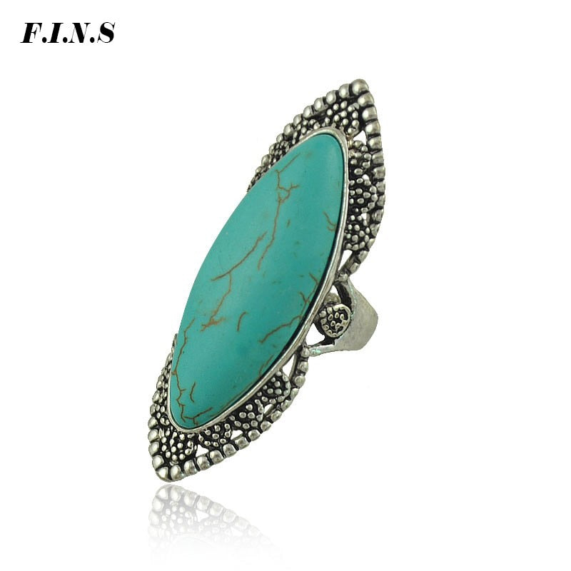 F.I.N.S Women's Jewelry Vintage Boho Finger Ring with Blue Stone Antique Silver Color Ring Knuckle Statement Big Rings for Women