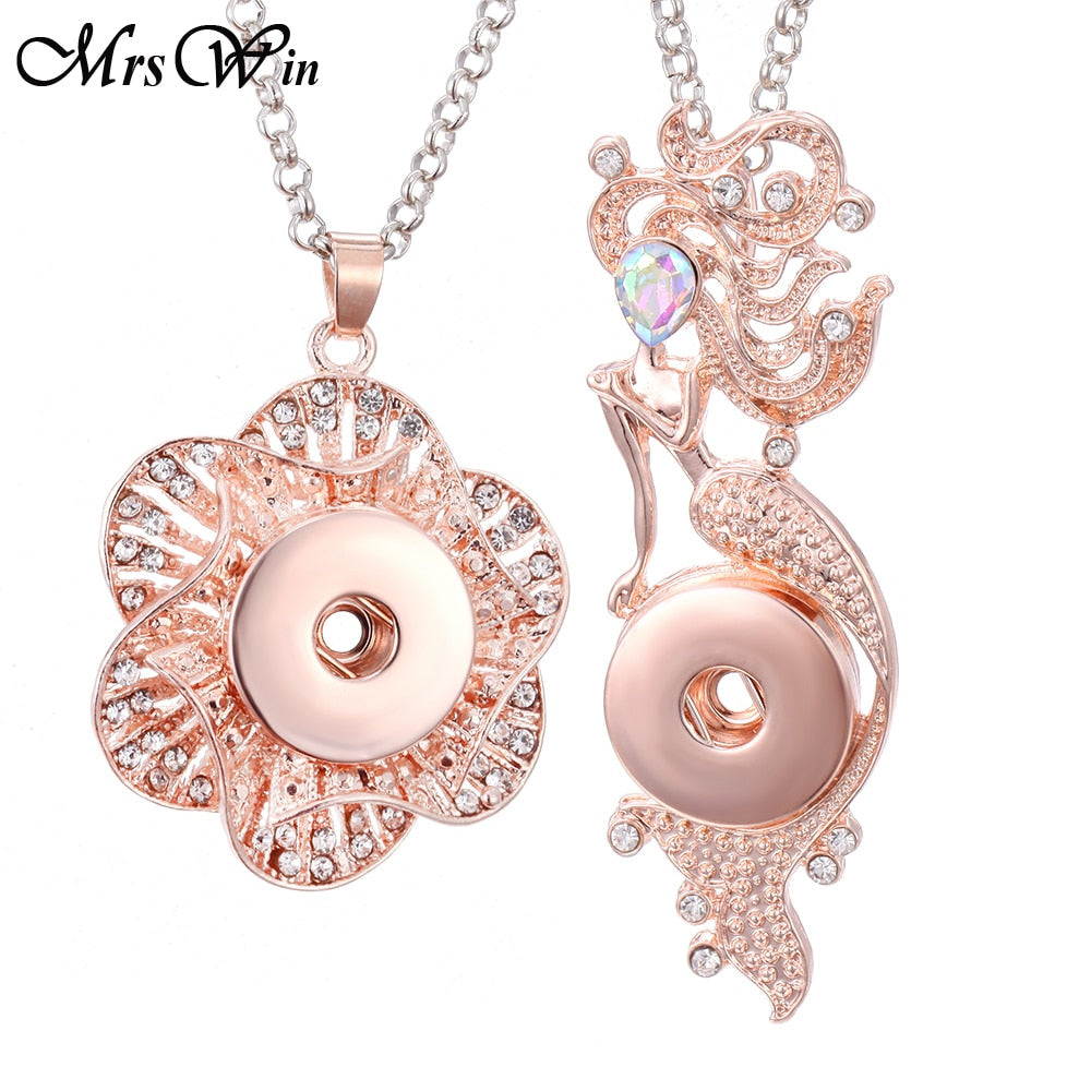 2019 New Snap Jewelry Rose Gold Crystal Flower Snap Button Necklace for Women Fit 18mm 20mm Snap Buttons Jewelry Snaps Necklaces