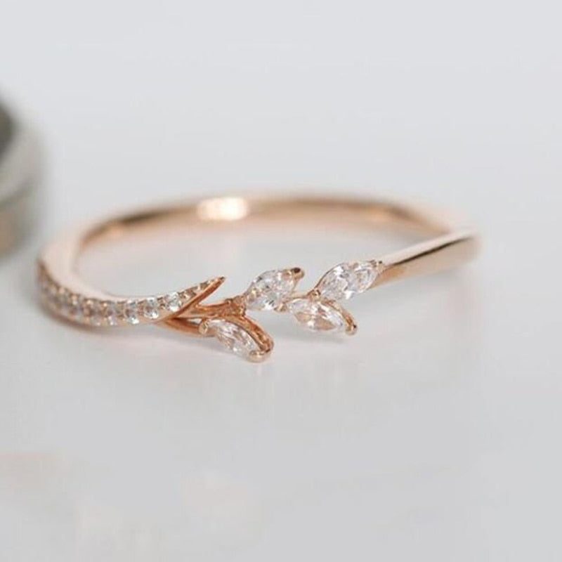 Leaf Crystal Engagement Rings Women's Eternity Wedding Band Rings For Female Rose Gold Rings Jewelry Gifts