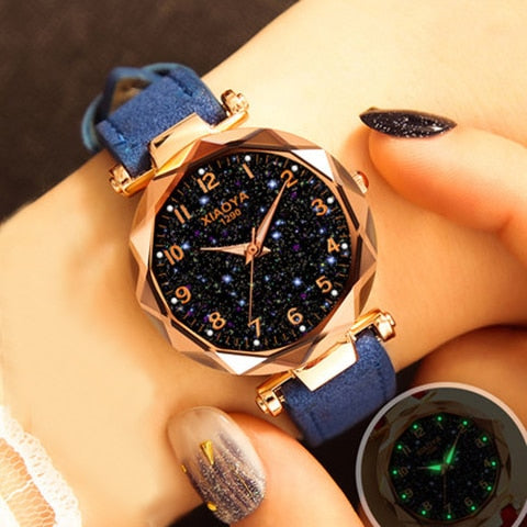 Fashion Women Watches Star Sky Dial Clock Luxury Rose Gold Women's Bracelet Quartz Wrist Watches beautiful casual Flash Luminous