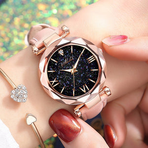 1PC Women Watch Leather Band Ladies Quartz Wrist Watch Starry Sky Round Dial Roman Number Rhinestone Watches relogio feminino