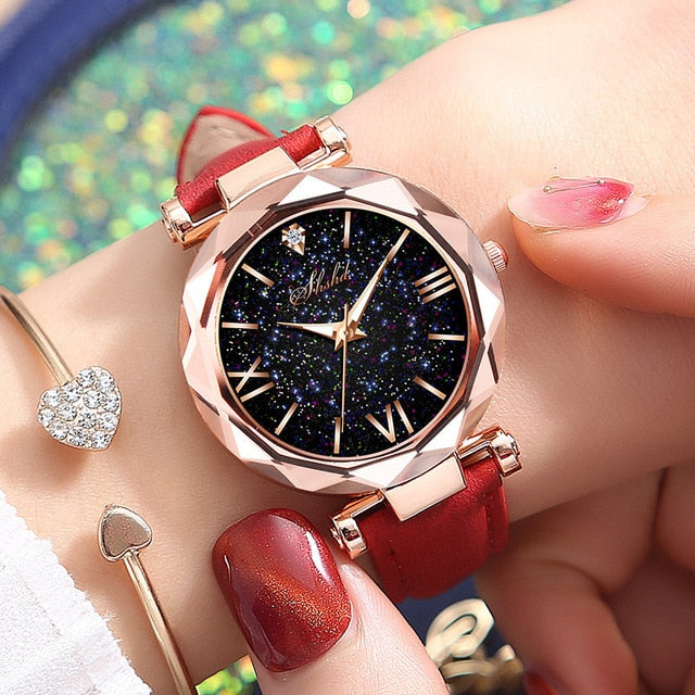 1PC Women Watch Leather Band Ladies Quartz Wrist Watch Starry Sky Round Dial Roman Number Rhinestone Watches relogio feminino