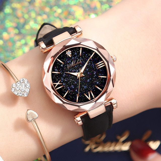 1PC Women Watch Leather Band Ladies Quartz Wrist Watch Starry Sky Round Dial Roman Number Rhinestone Watches relogio feminino