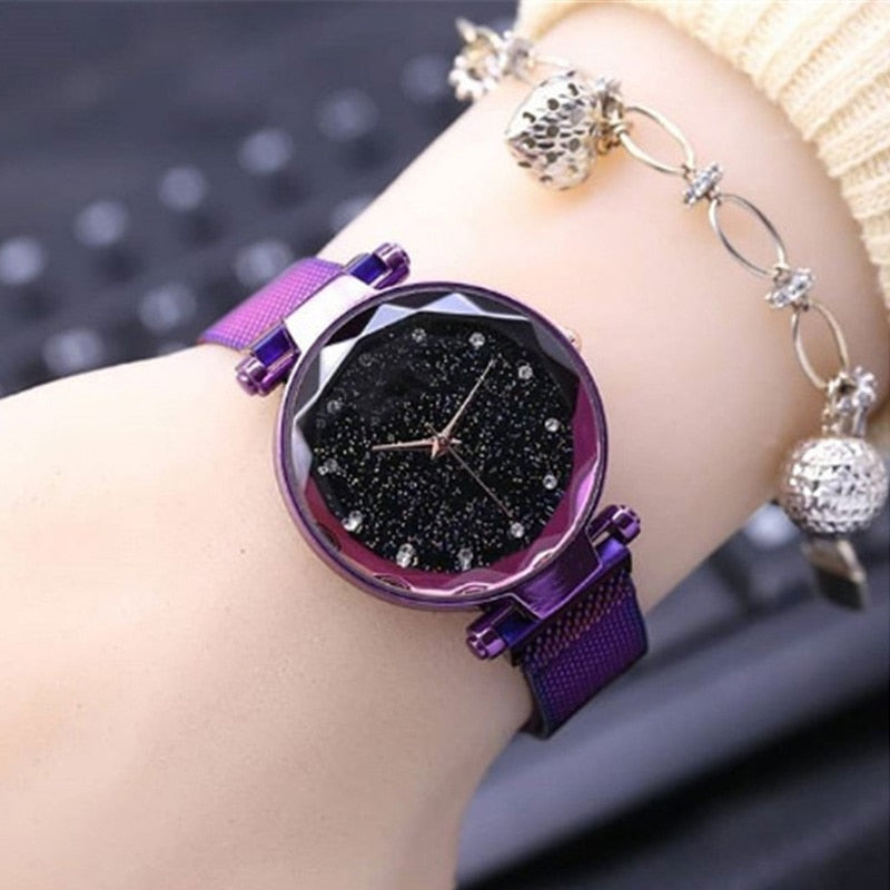 Ladies Watch Luxury Magnet Stainless Steel Mesh Band Starry Sky Women Watches Rhinestone Watch Diamond Bracelet Clock For Gift