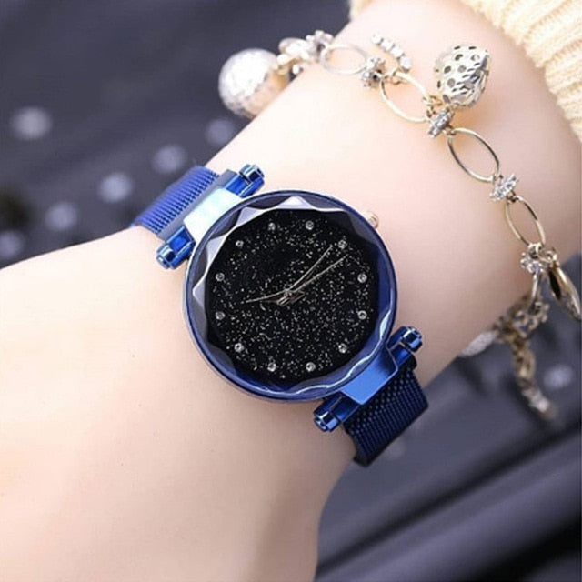 Ladies Watch Luxury Magnet Stainless Steel Mesh Band Starry Sky Women Watches Rhinestone Watch Diamond Bracelet Clock For Gift