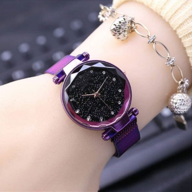 Ladies Watch Luxury Magnet Stainless Steel Mesh Band Starry Sky Women Watches Rhinestone Watch Diamond Bracelet Clock For Gift