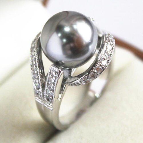 Hot selling free shipping******** Pretty 18KGP 12MM Grey Shell Pearl Women' s Ring size 7#8#9#