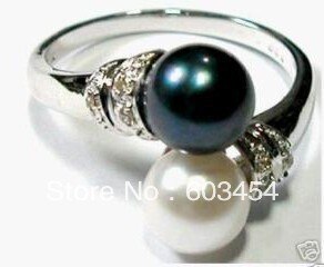 Hot sale>@@ Charming black white shell pearl women's ring size:6,7,8,9# / S 1Pcs