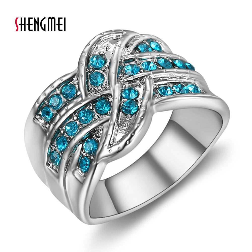 Shengmei Best selling All-Blue Color Crystal Large Wedding Women Ring Studded Zircon Women's Jewelry