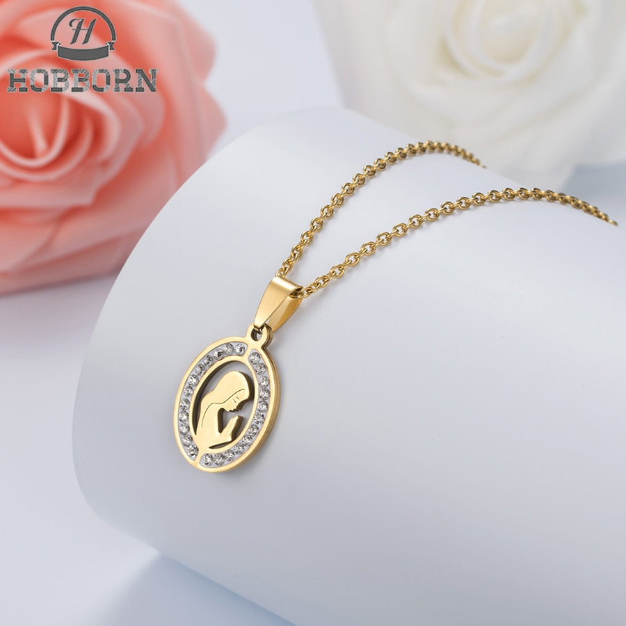 HOBBORN Trendy Women Men Religious Necklace Stainless Steel Gold Color CZ Crystal Virgin Mary Maria Necklaces & Pendants Jewelry