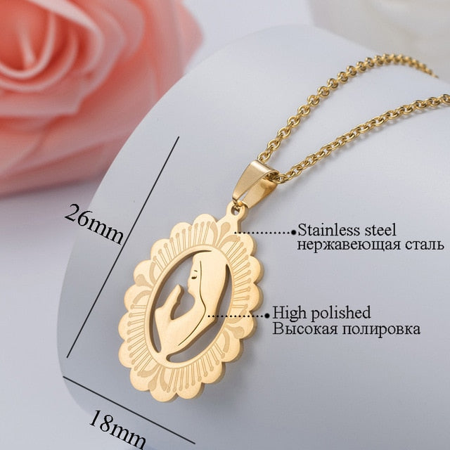 HOBBORN Trendy Women Men Religious Necklace Stainless Steel Gold Color CZ Crystal Virgin Mary Maria Necklaces & Pendants Jewelry