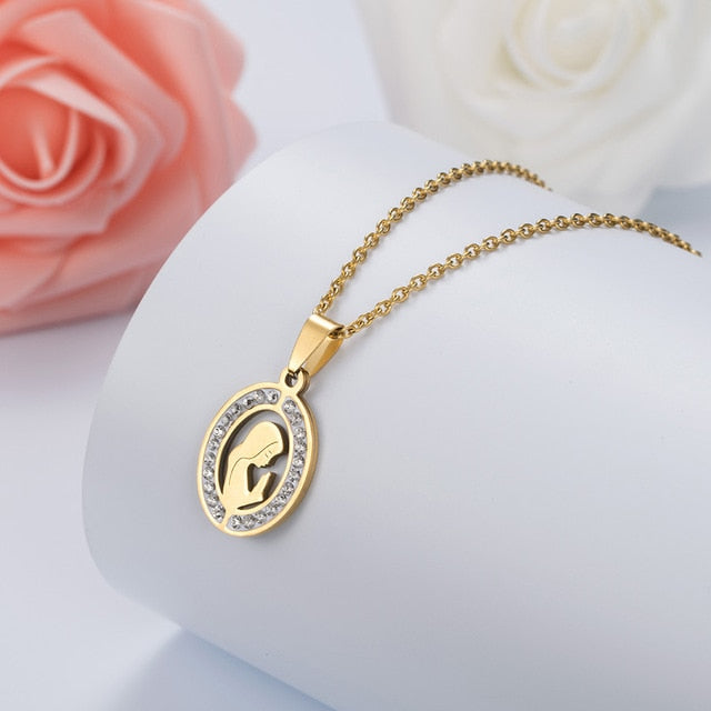 HOBBORN Trendy Women Men Religious Necklace Stainless Steel Gold Color CZ Crystal Virgin Mary Maria Necklaces & Pendants Jewelry