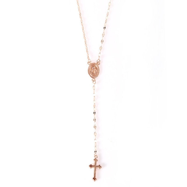 Hot Selling Sparkly Cross Pendant Necklace Long Imitation Chain Rosary Madonna Coin Necklaces Pendants Religious Jewelry