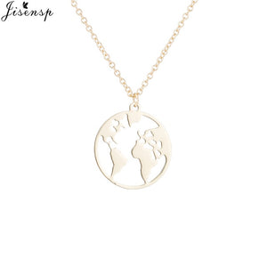 Jisensp Stainless Steel Origami World Map Necklace for Women Simple Jewelry Round Necklaces Pendants Earth Day Gift bijoux femme