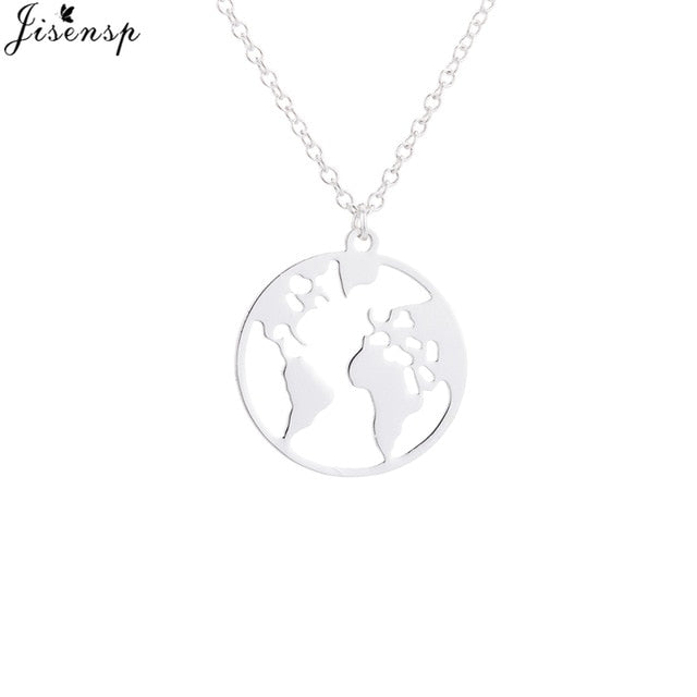 Jisensp Stainless Steel Origami World Map Necklace for Women Simple Jewelry Round Necklaces Pendants Earth Day Gift bijoux femme