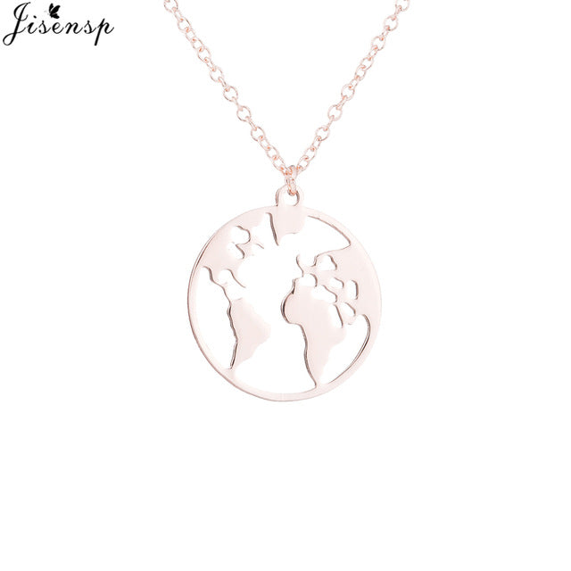 Jisensp Stainless Steel Origami World Map Necklace for Women Simple Jewelry Round Necklaces Pendants Earth Day Gift bijoux femme